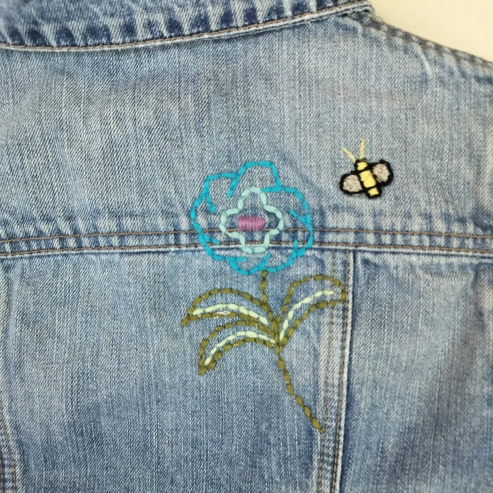 Gap Denim Jacket XL Girls Embroidered Floral Dragonfly Distressed